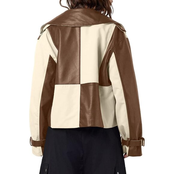 Womens Faux Leather Bomber Jacket with Bow Brown Stylish Fall Outerwear Coat - Picture 5 of 6